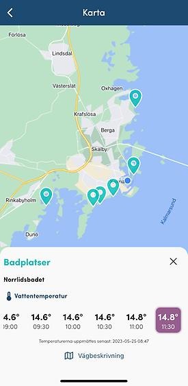 Bild från appen "Mitt Kalmar" som visar badtemperaturer i karta.