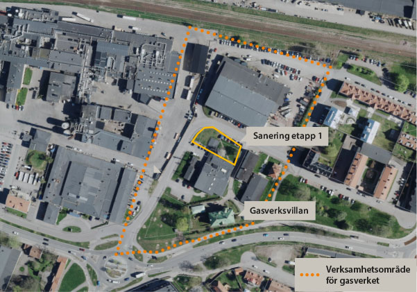 Flygbild över saneringsområde vid det gamla gasverket vid Sandås i Kalmar.