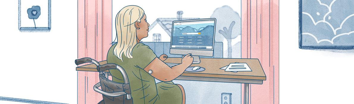 Illustration - kvinna som sitter vid en dator och letar information på kalmar.se