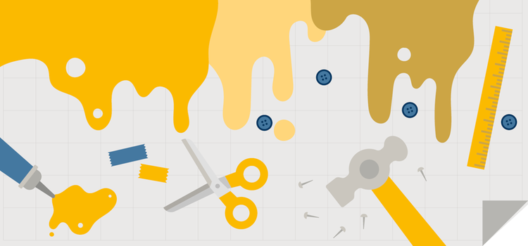 Illustrerad bild med färgklickar som rinner ner för ett rutat papper, en färgtub, några tejpbitar, en sax, en hammare och spik samt linjal och knappar