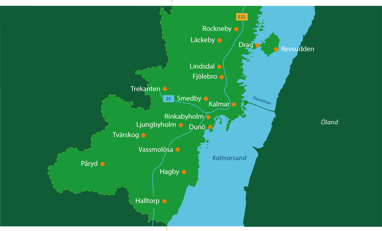 Karta över orter i Kalmar kommun.