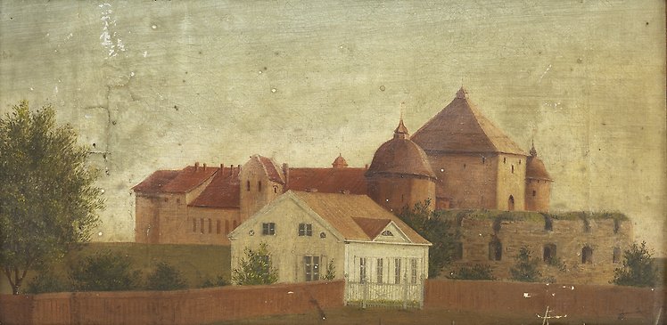 Målning av Kalmar slott. I förgrunden syns huvudbyggnaden till en gård.