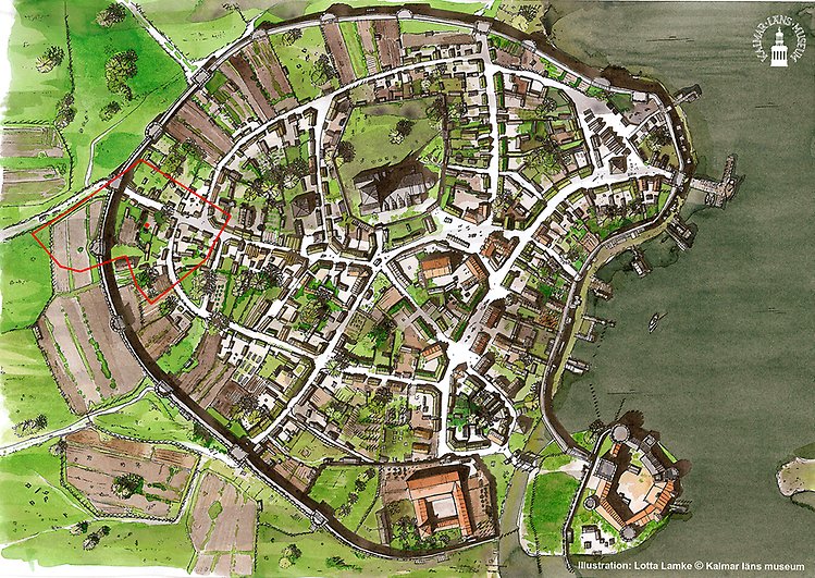 Illustrerad karta över bebyggelse i medeltida Kalmar, så som man tror att det kan ha sett ut. På kartan är det utmärkt med rött var Krusenstiernska gården ligger idag. 