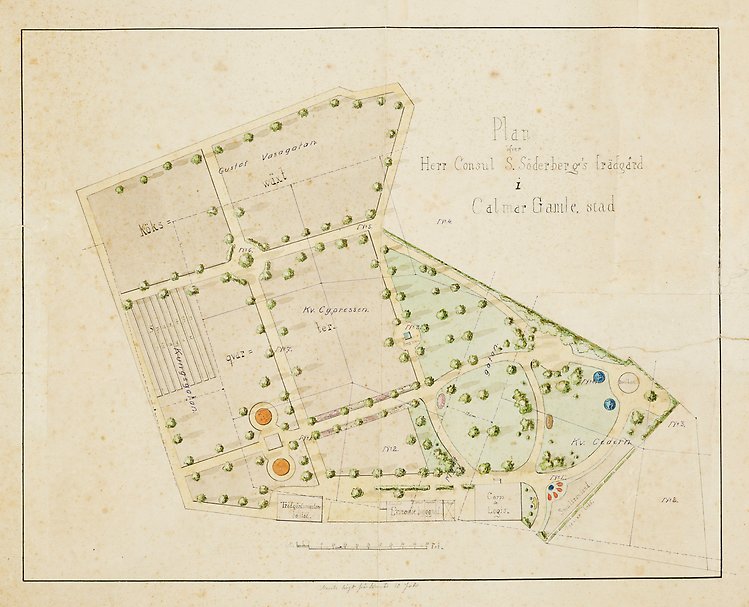 Handritad kartan från 1872m över hela Krusenstiernska trädgården.