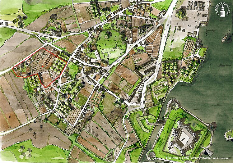 Illustration över hur Gamla staden troligtvis såg ut under 1830-tal.  På kartan är det utmärkt med rött var Krusenstiernska gården ligger idag. 